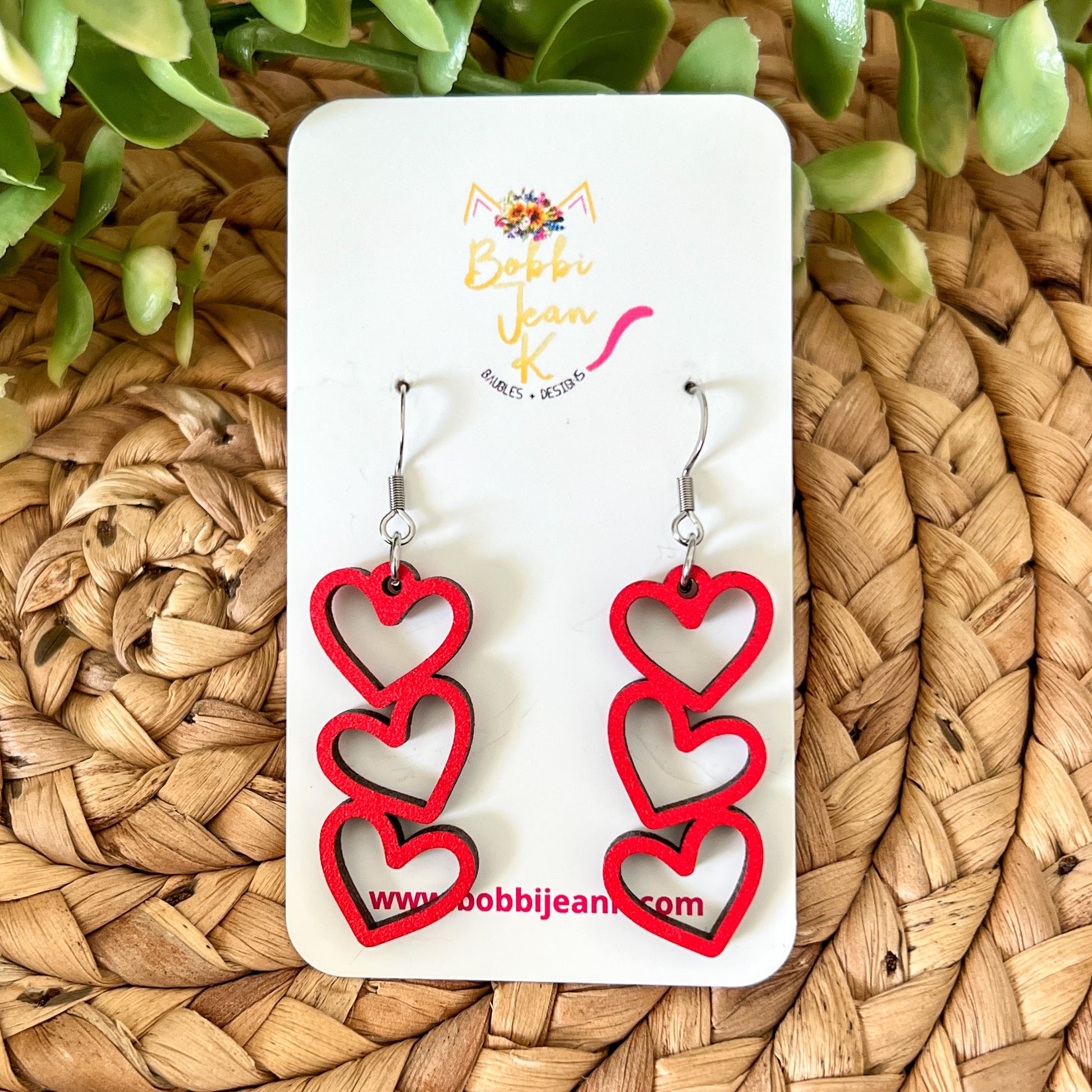 Red Stacked Heart Wood Earrings: Choose From 3 Designs