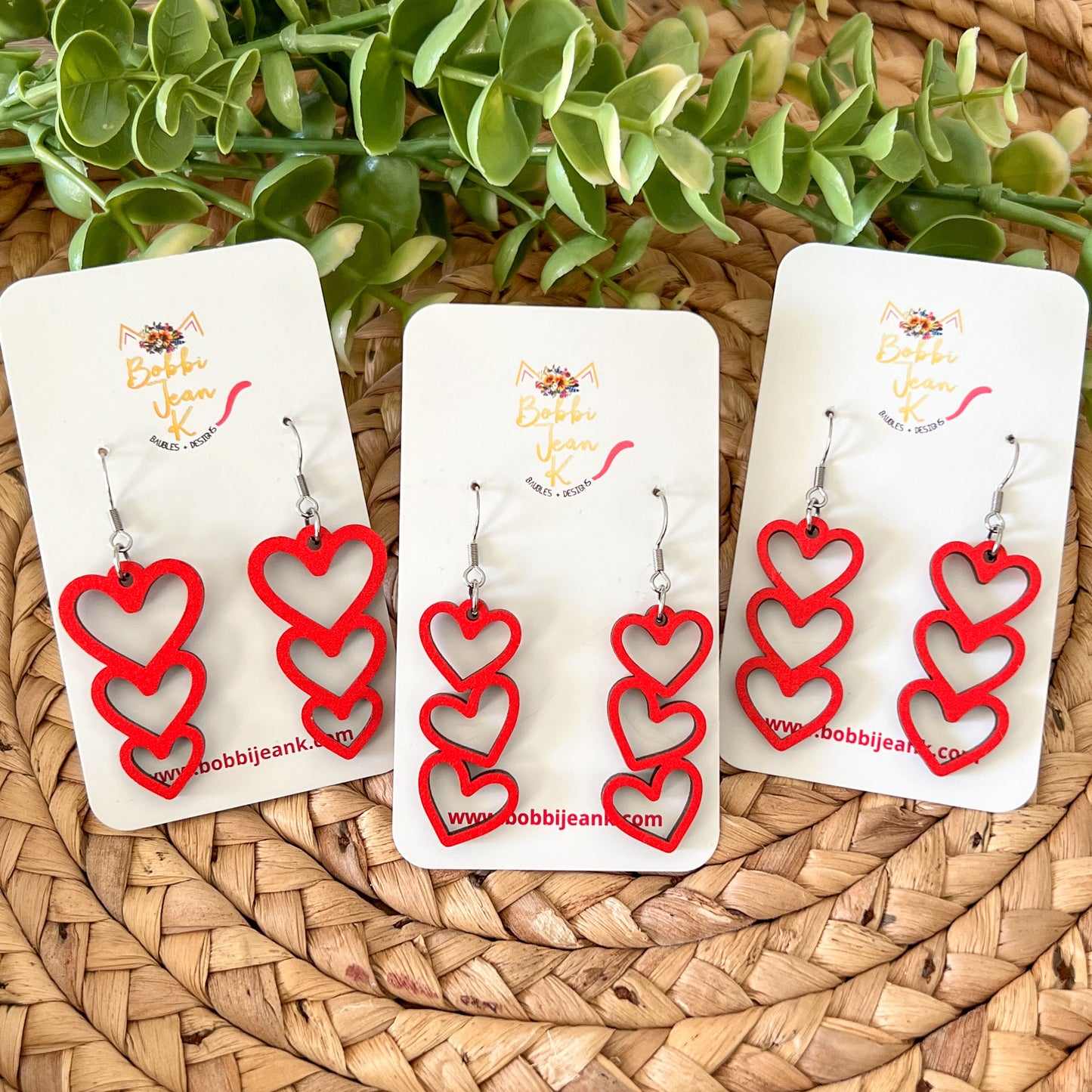 Wood Earrings - Red Stacked Heart Dangles: Choose From 3 Designs