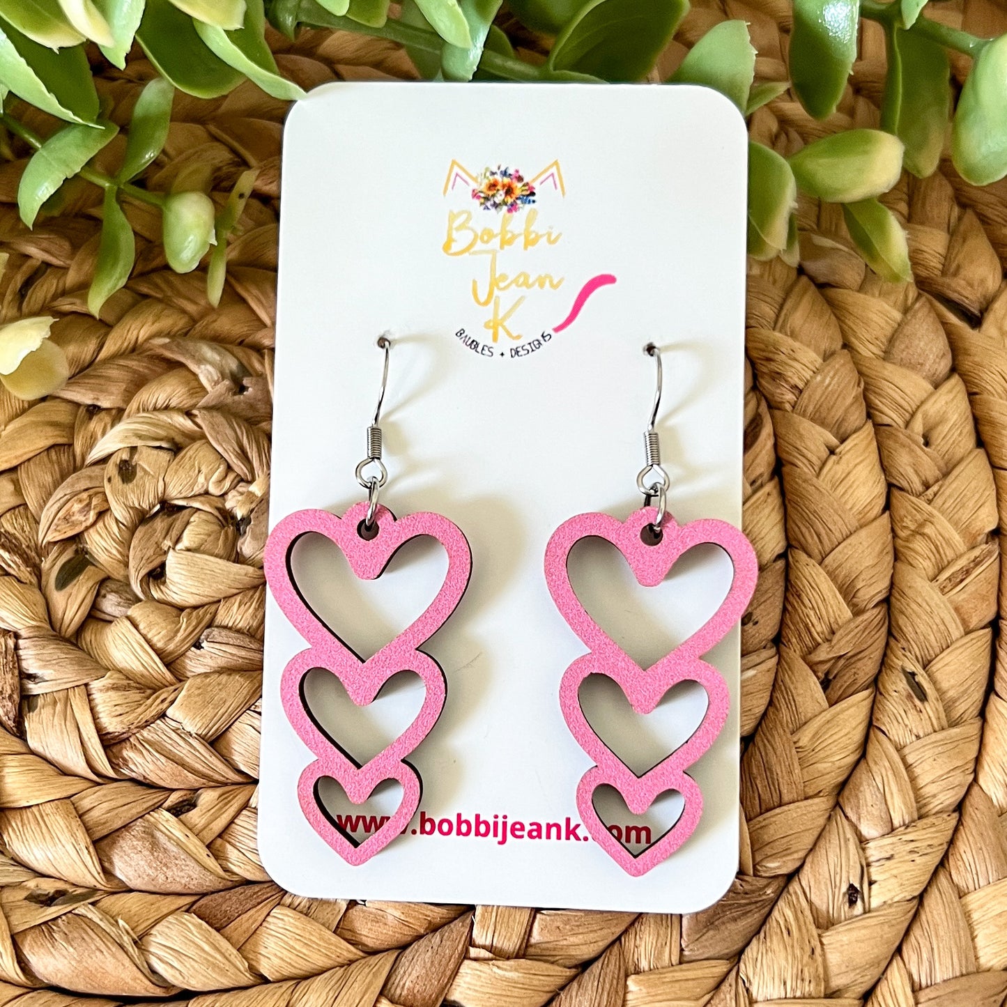 Wood Earrings - Light Pink Stacked Heart Dangles: Choose From 3 Designs