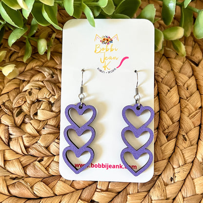 Purple Stacked Heart Wood Earrings: Choose From 3 Designs