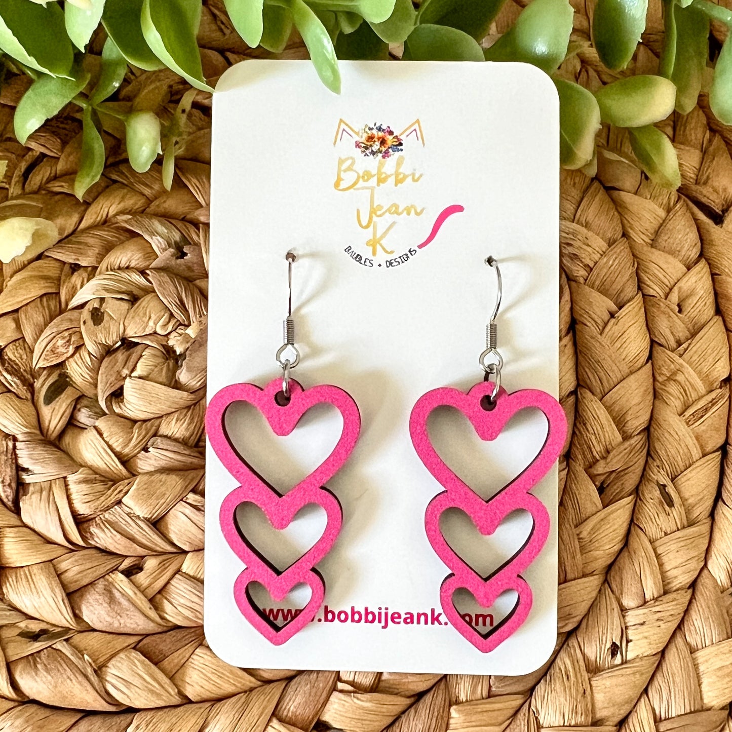 Wood Earrings - Bright Pink Stacked Heart Dangles: Choose From 3 Designs