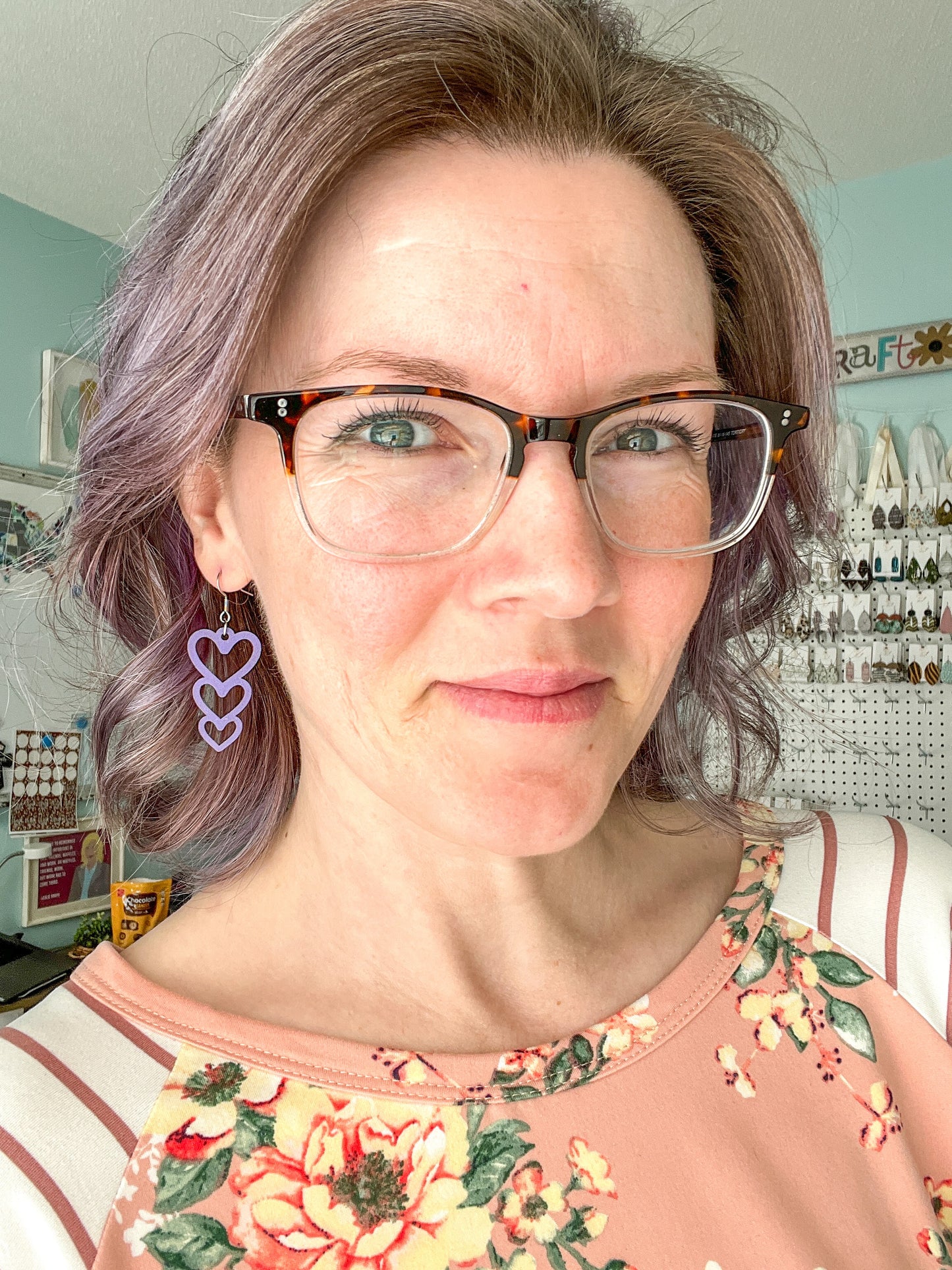 Wood Earrings - Purple Stacked Heart Dangles: Choose From 3 Designs