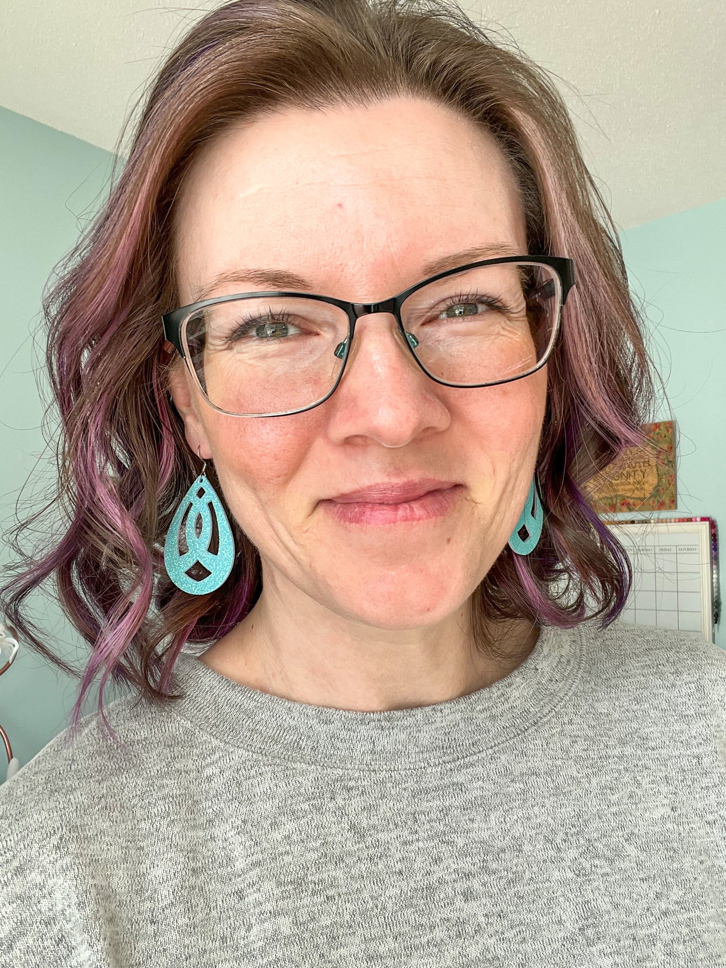 Teal/Turquoise Infused Glitter Awareness Ribbon Leather Earrings: Ovarian Cancer, Dysautonomia