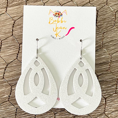 White Infused Glitter Awareness Ribbon Leather Earrings: Lung Cancer