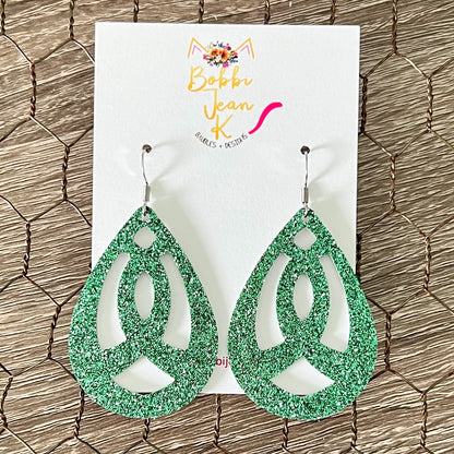 Green Infused Glitter Awareness Ribbon Leather Earrings: Gall Bladder/Bile Duct Cancer, Liver Cancer