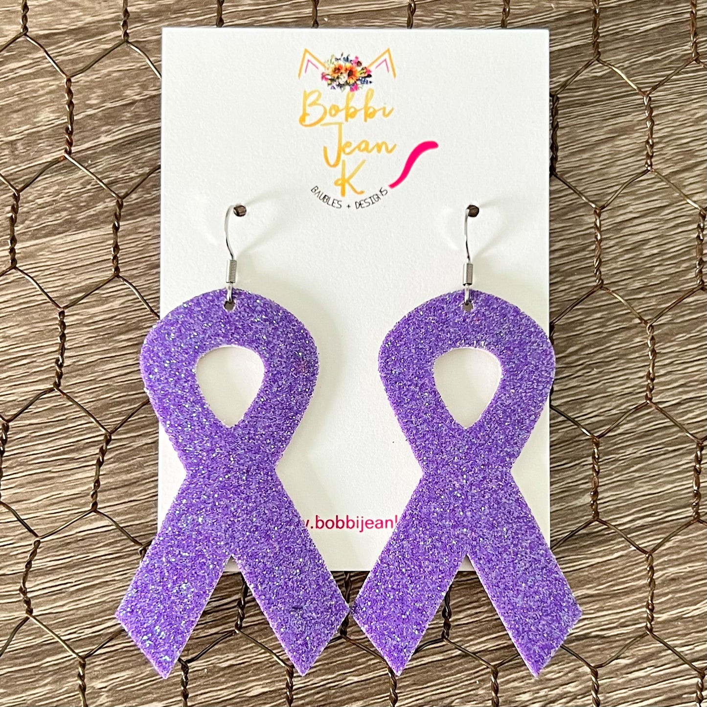 Purple Infused Glitter Awareness Ribbon Leather Earrings: Pancreatic Cancer, Leiomyosarcoma, Vitaligo, Premature Birth, Alzheimer's, Epilepsy & Seizure Disorders, Ulcerative Colitis, Crohn's Disease