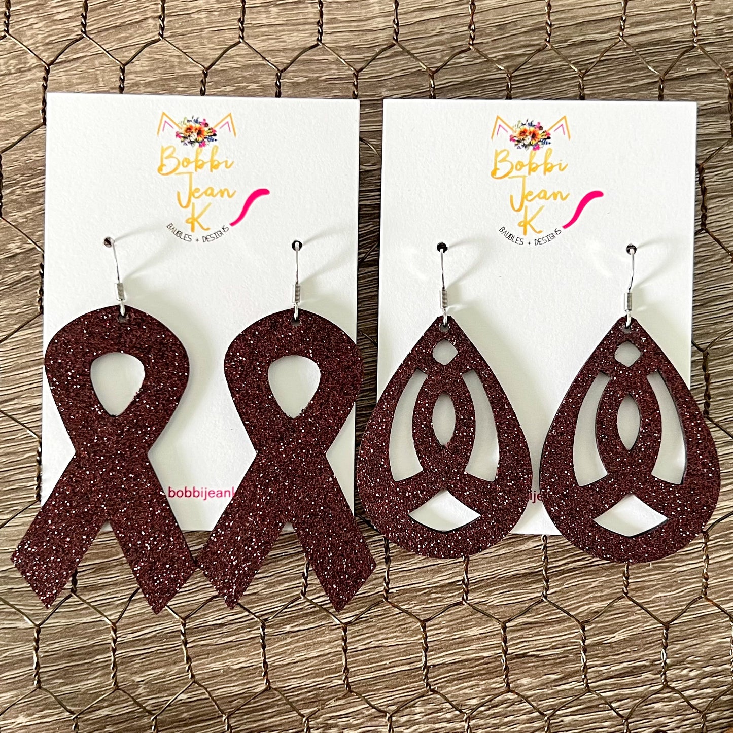 Burgundy Infused Glitter Awareness Ribbon Leather Earrings: Multiple Myeloma