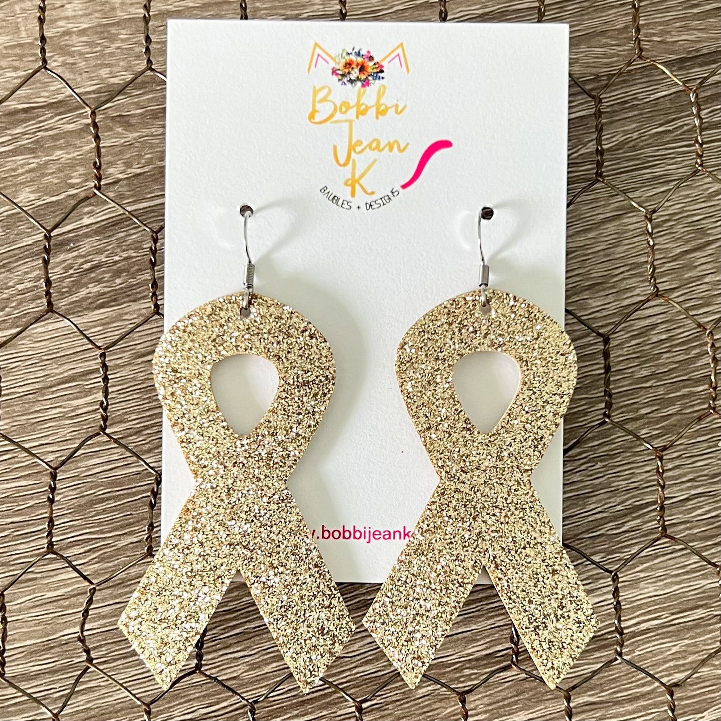 Gold Infused Glitter Awareness Ribbon Leather Earrings: Childhood Cancer