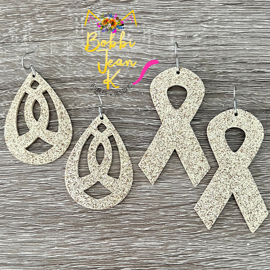 Gold Infused Glitter Awareness Ribbon Leather Earrings: Childhood Cancer