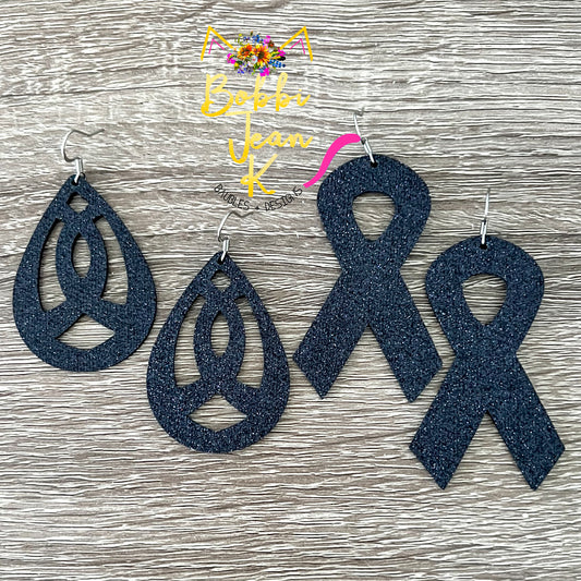 Navy/Dark Blue Infused Glitter Awareness Ribbon Leather Earrings: Colon Cancer