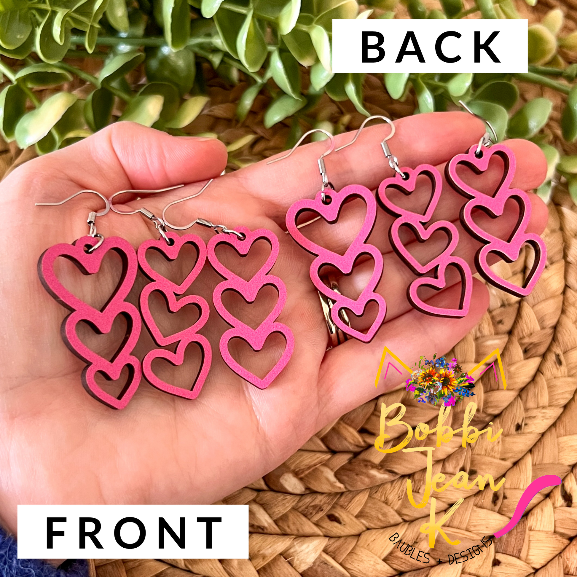 Bright Pink Stacked Heart Wood Earrings: Choose From 3 Designs