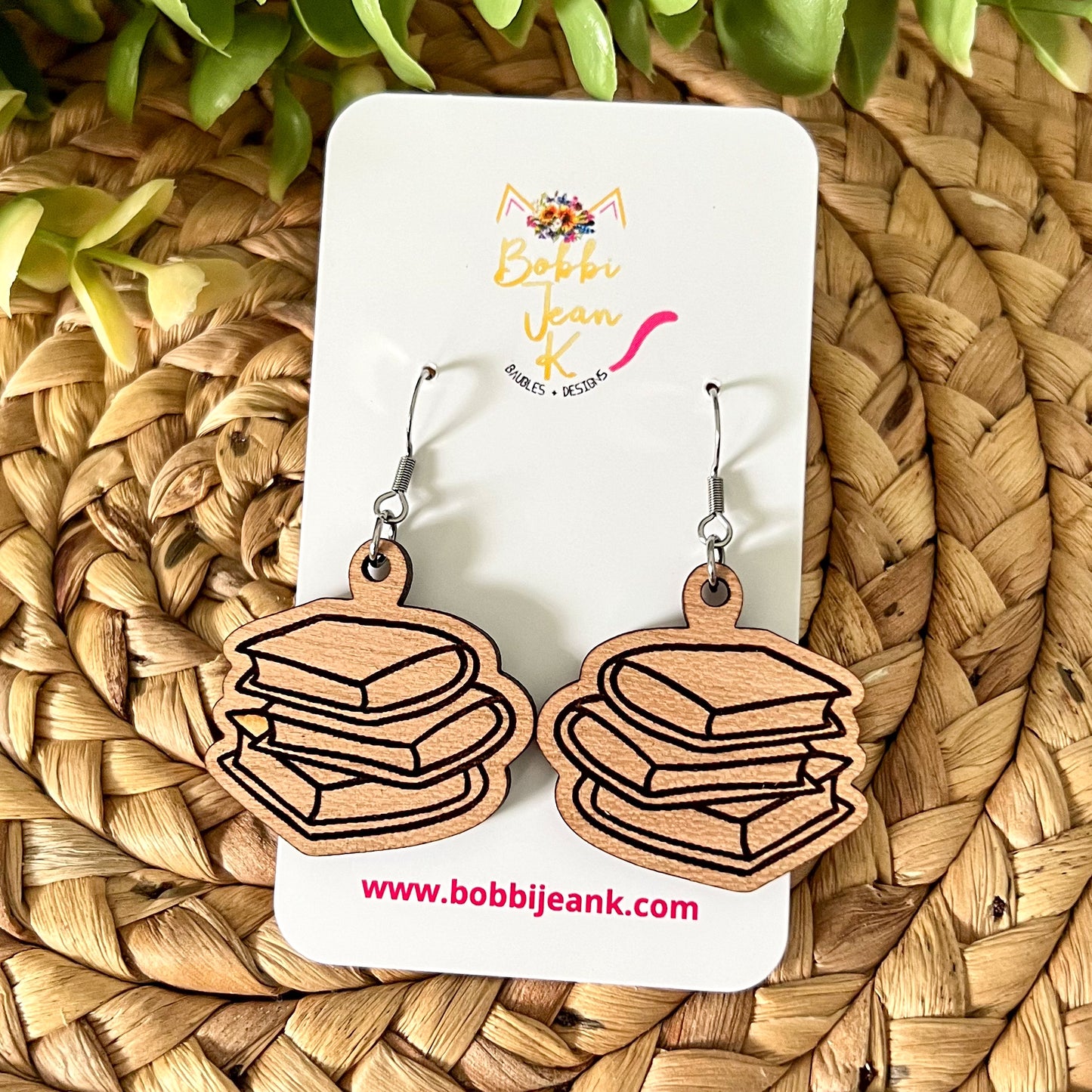 Stacked Books Wood Earrings: Choose From Dangles or Studs