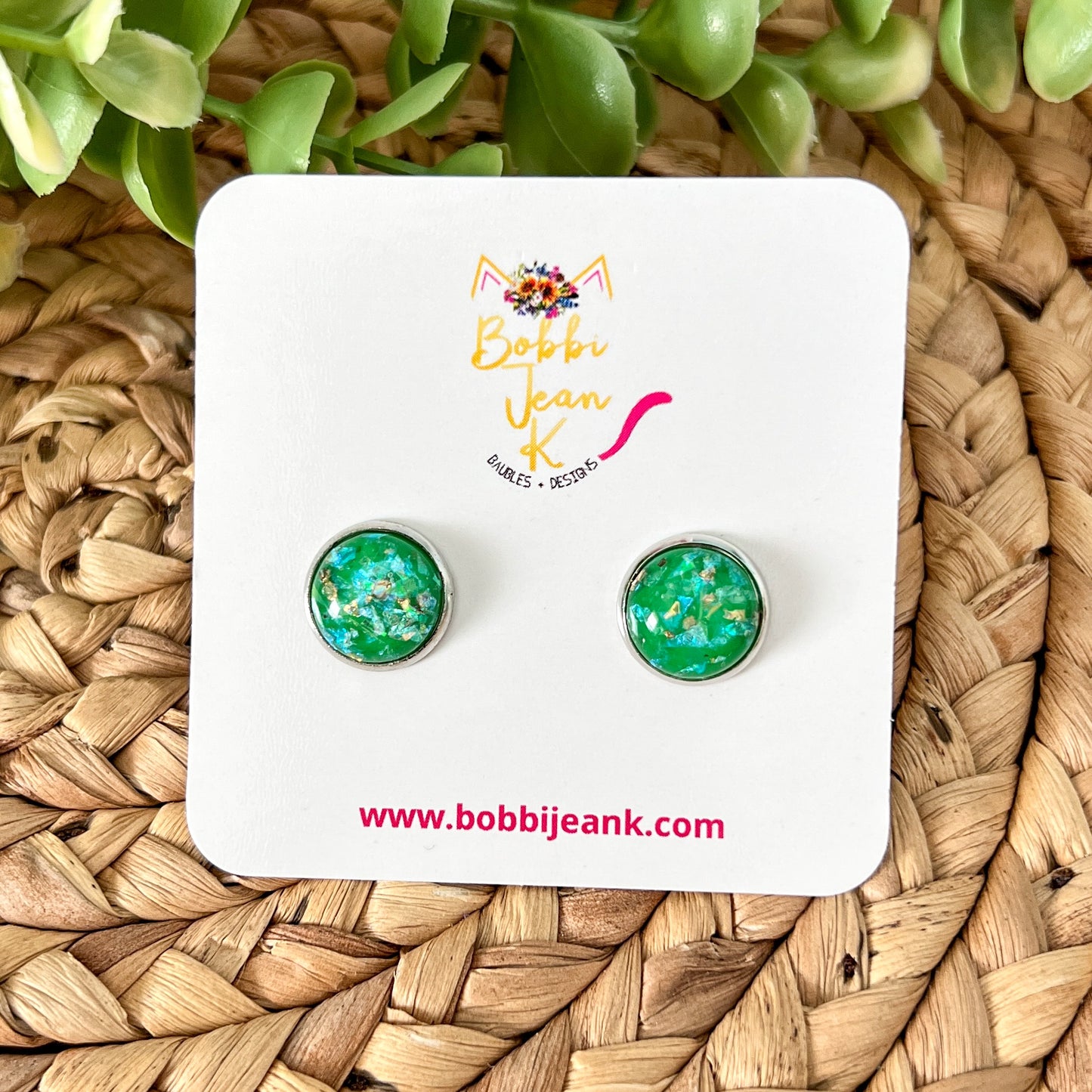 Green & Gold Flake Resin Studs 12mm: Choose Silver or Gold Settings - LAST CHANCE
