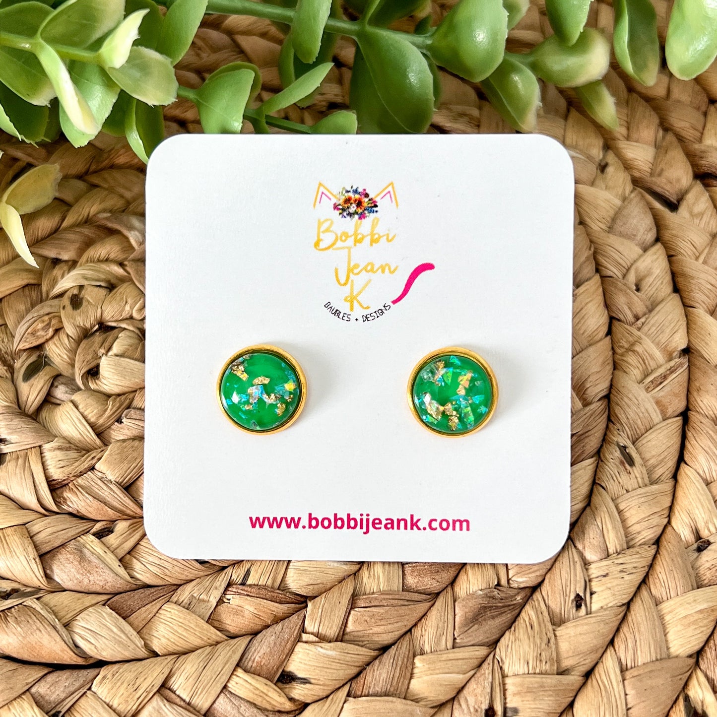 Green & Gold Flake Resin Studs 12mm: Choose Silver or Gold Settings - LAST CHANCE