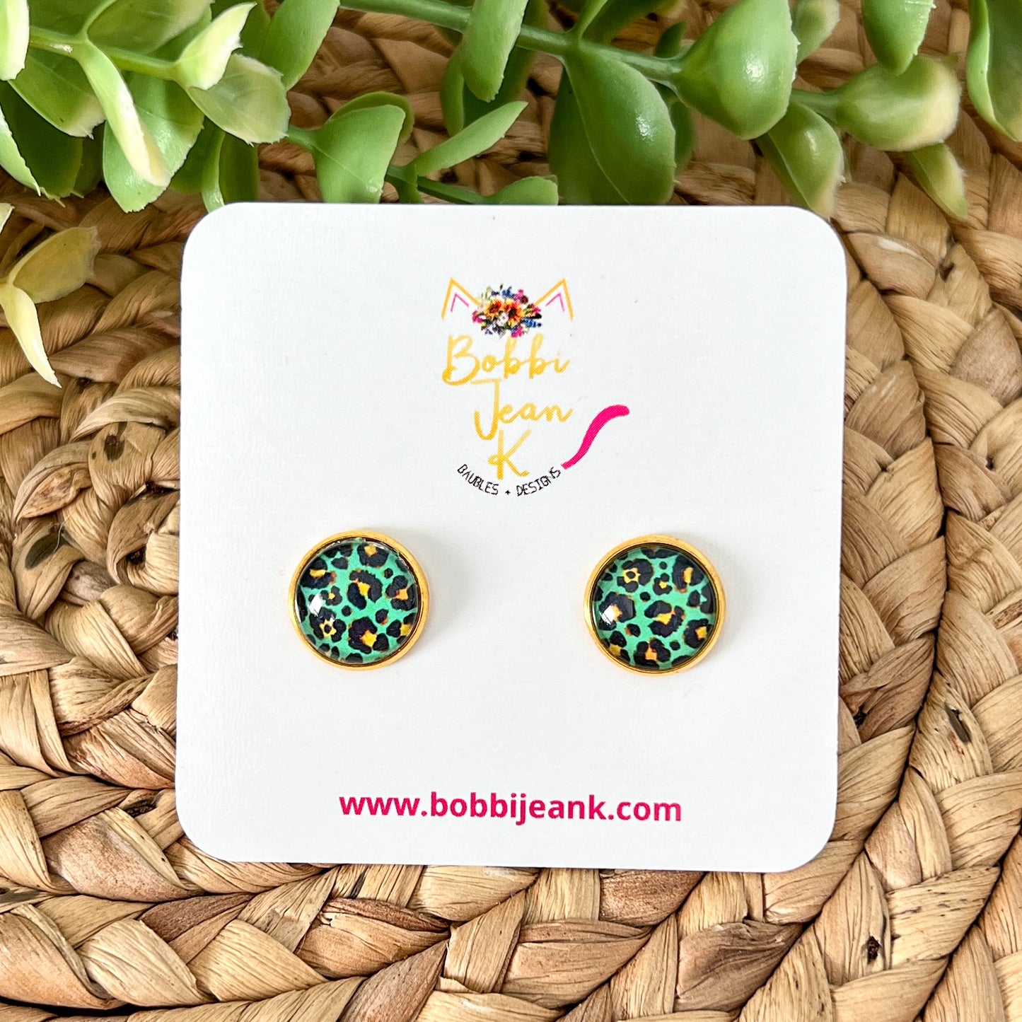 Leopard & Green Glass Studs 12mm: Choose Silver or Gold Settings